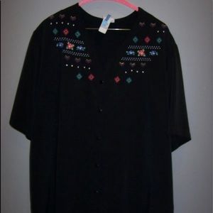 Exquisite Black Short Sleeve
Button Up Embroidered Top